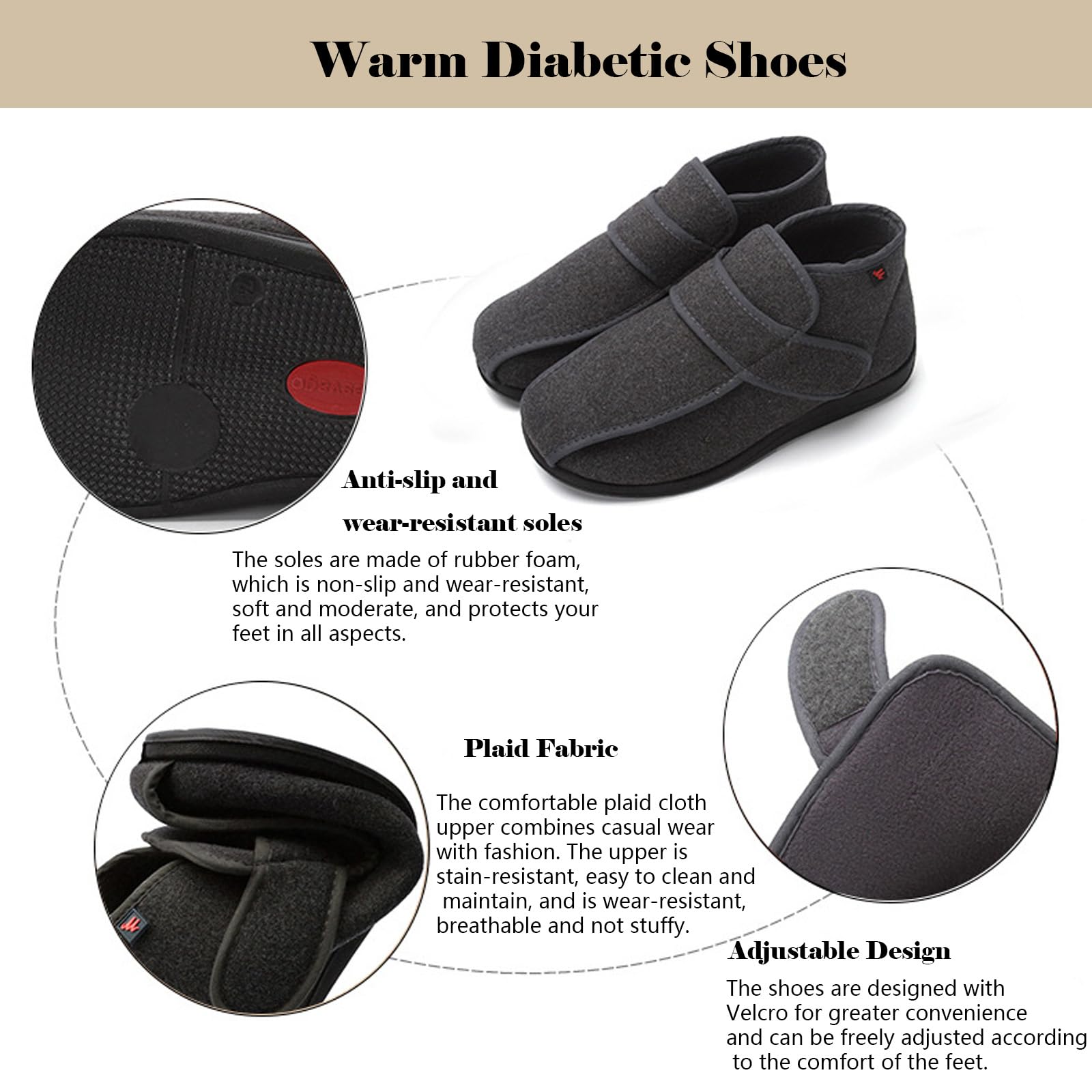 bumuam Respirable Zapatillas Zapatos,Zapatillas Ortopédicas para Diabéticos Extra Anchas para Ancianos, Cierre Ajustable para Pies Hinchados, Edema, Artritis EU 32(21.5cm/8.4in)