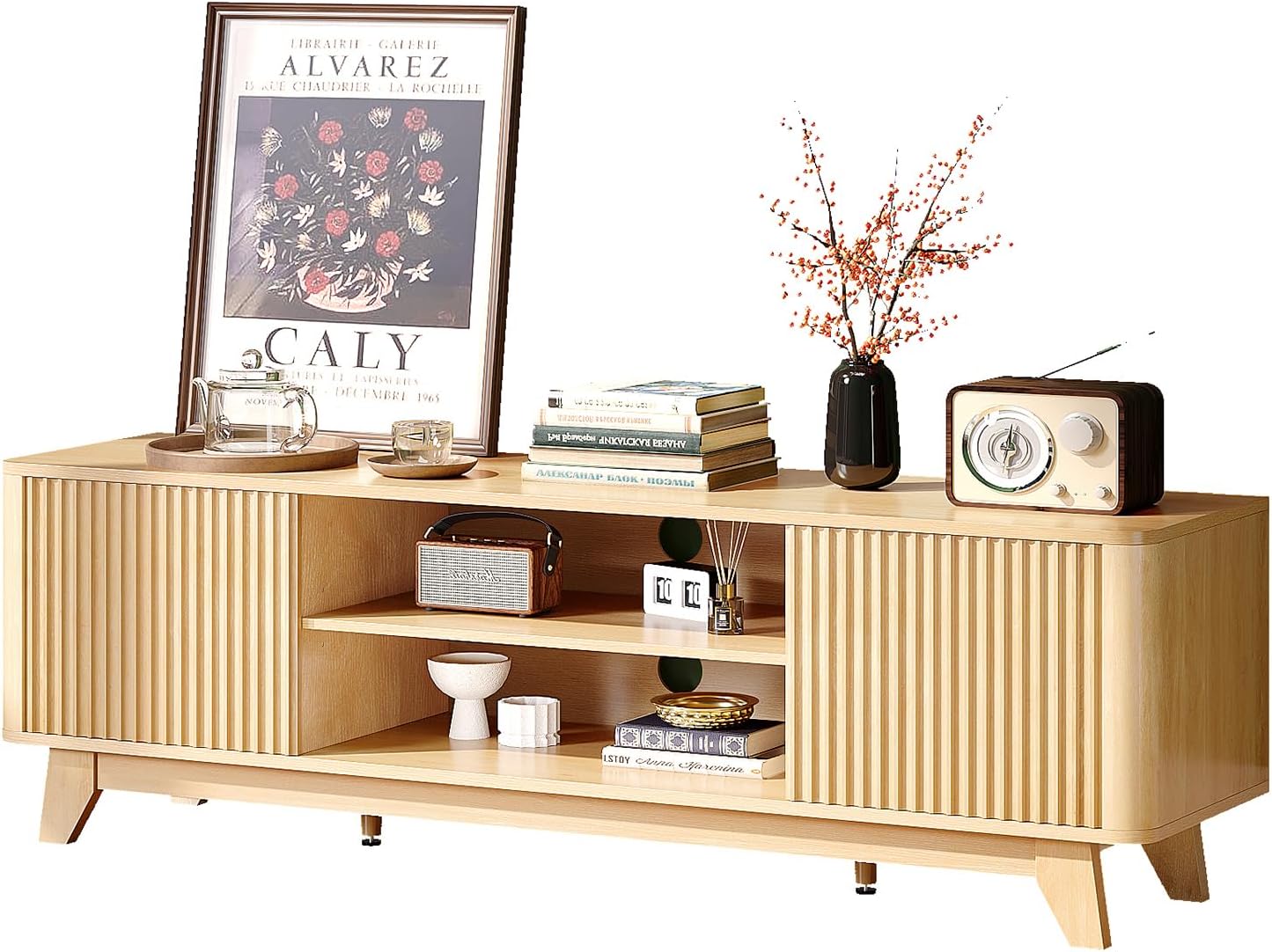 VINGLI Boho Fluted TV Stand for 70 Inch TV, Tall Wooden TV Console with Storage, Solid Wood Legs Entertainment Center with Shelves & Cable Management, Media Cabinet for Living Room or Bedroom, Oak