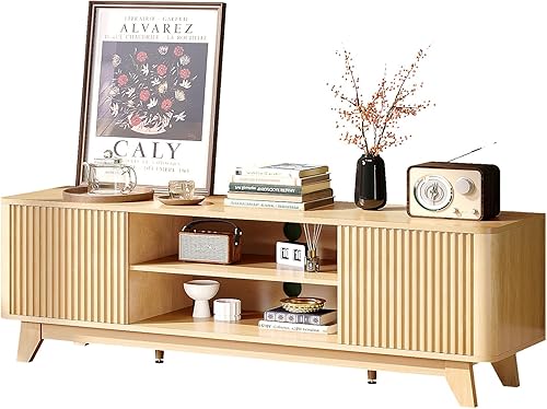 Miniatura 10 de VINGLI Soporte de TV acanalado de 58 pulgadas para televisores de hasta 70 pulgadas, moderno soporte de TV con almacenamiento y estantes ajustables,