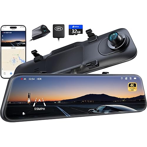 Pelsee P12 Pro 4K Mirror Dash Cam w/ADAS and BSD, 5.8GHz WiFi 20MB/s Download, Rear View Mirror Camera 4K Front and 1080P Rear, Voice Control, GPS, Color Night Vision, 12" Touch Screen,32G Memory Card