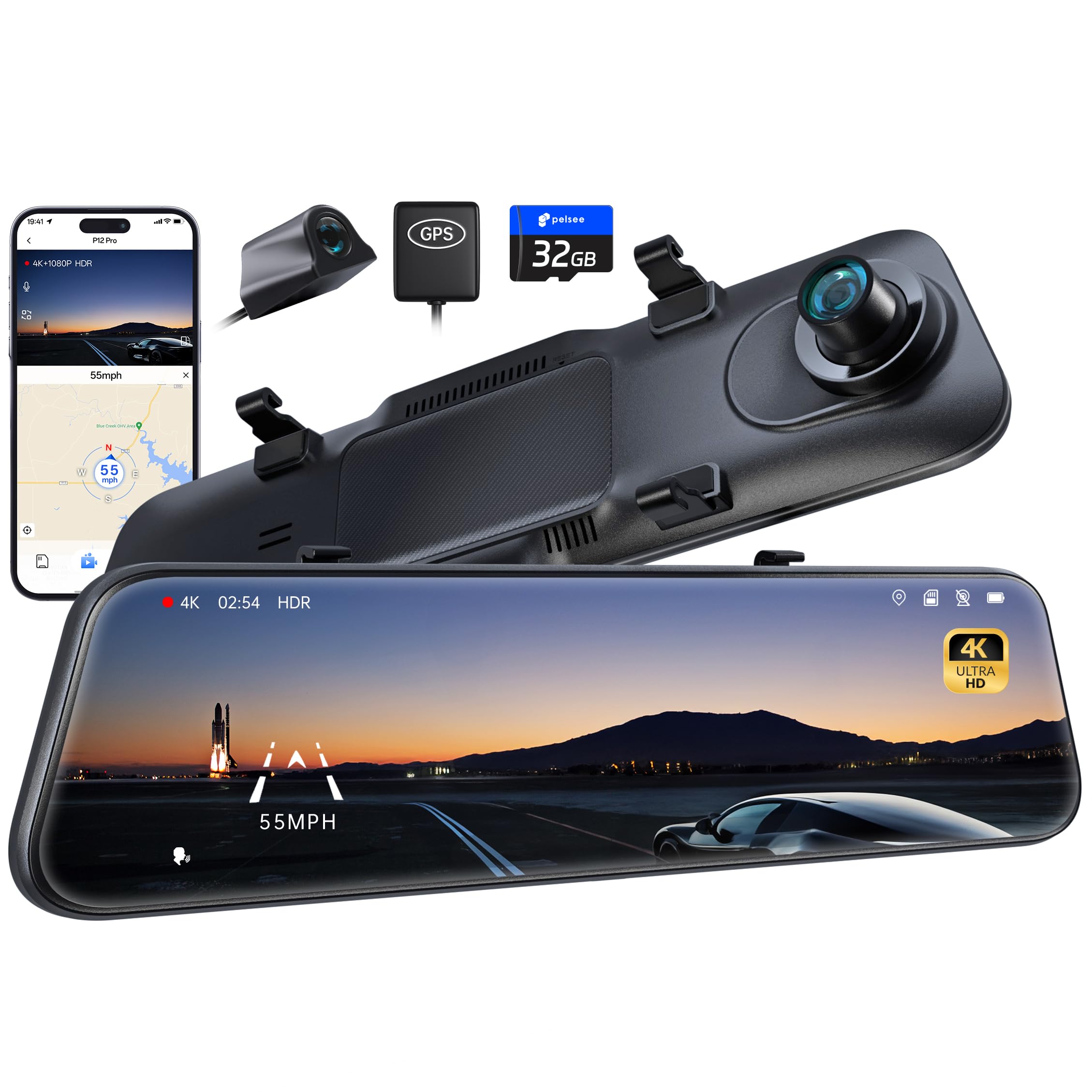 Pelsee P12 Pro 4K Mirror Dash Cam w/ADAS and BSD, 5.8GHz WiFi Rear View Mirror Camera, 2160P Front and 1080P Rear Dual Cameras,Voice Control, GPS, Color Night Vision, 12" Touch Screen,32G Memory Card