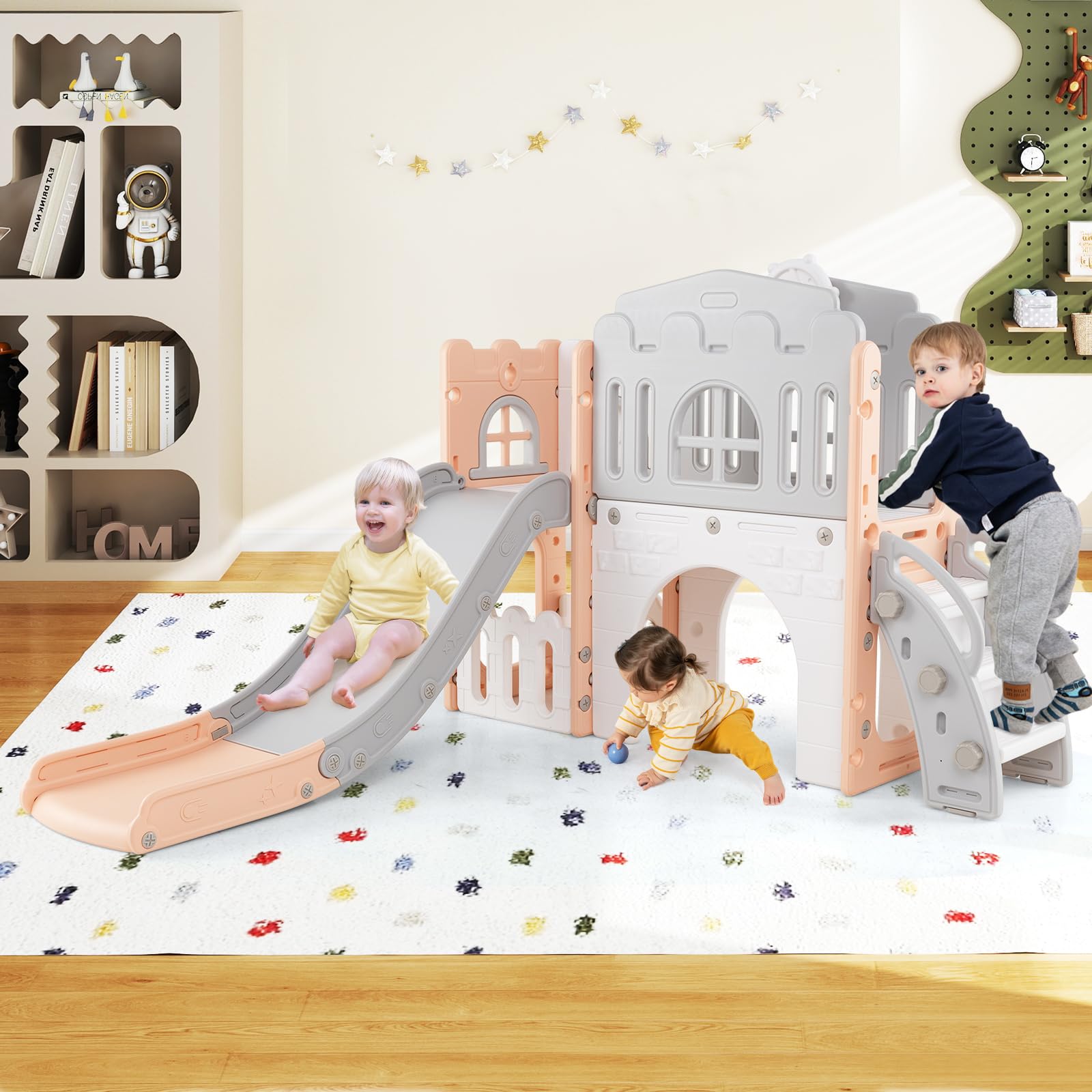 COSTWAY Scivolo per Bambini 9 in 1, Set da Gioco con Canestro da Basket, Telescopio, Volante, Corridoio, Tunnel e Spazio di Archiviazione, Scivolo da Interno ed Esterno per 1+ Anni (Rosa+Grigio)