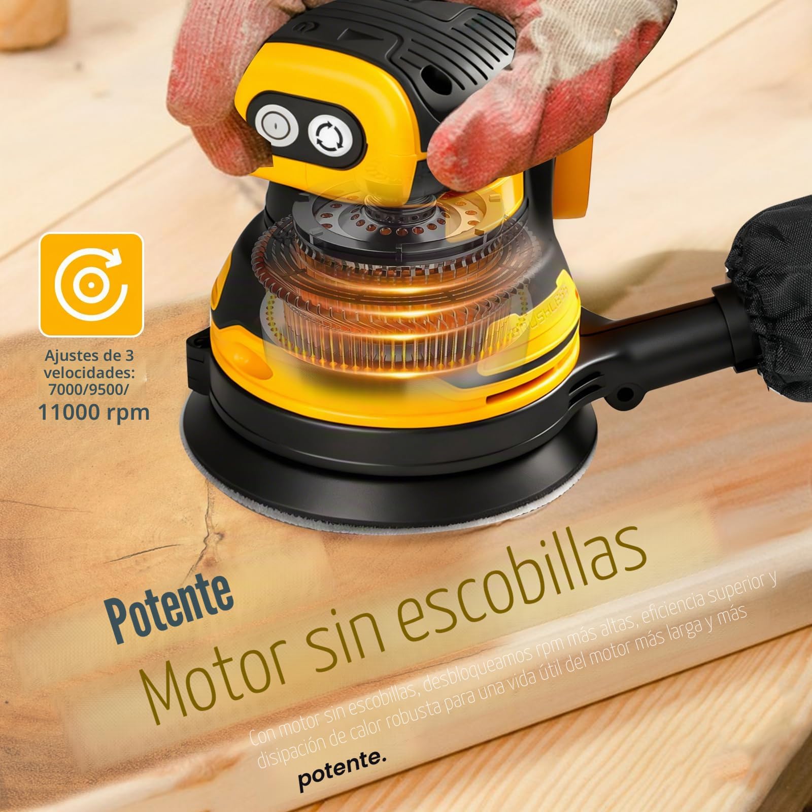 Lijadora orbital aleatoria inalámbrica de 11000 rpm, compatible con baterías DEWALT 20 V. Incluye bolsa para polvo, cubierta protectora y papel de lija para lijar y pulir
