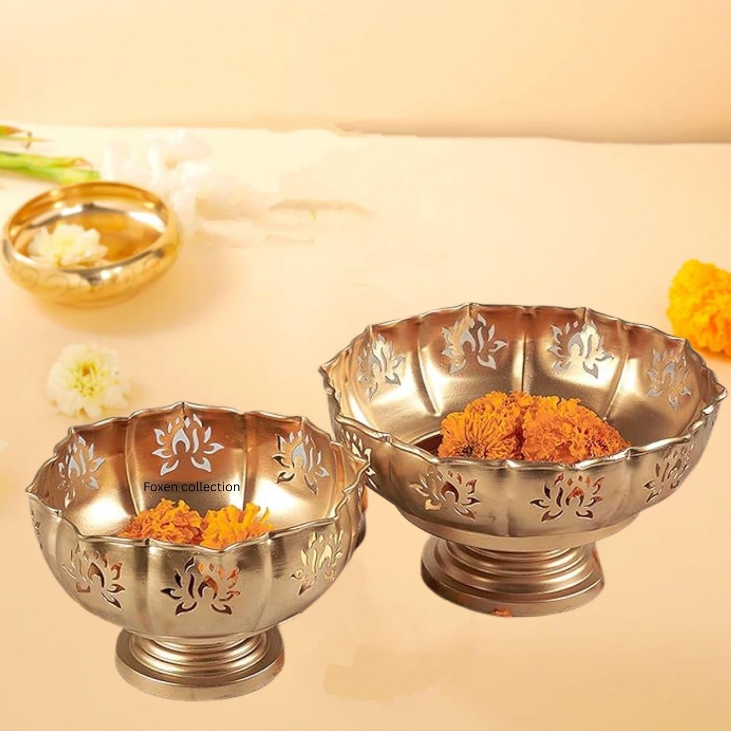 Decorative Urli Bowl for Home Decor with Stands for Floating Flowers and Tealight Candles (Gold) - Diwali Decoration Items for Home Decor Living Room Table Pooja Room Office