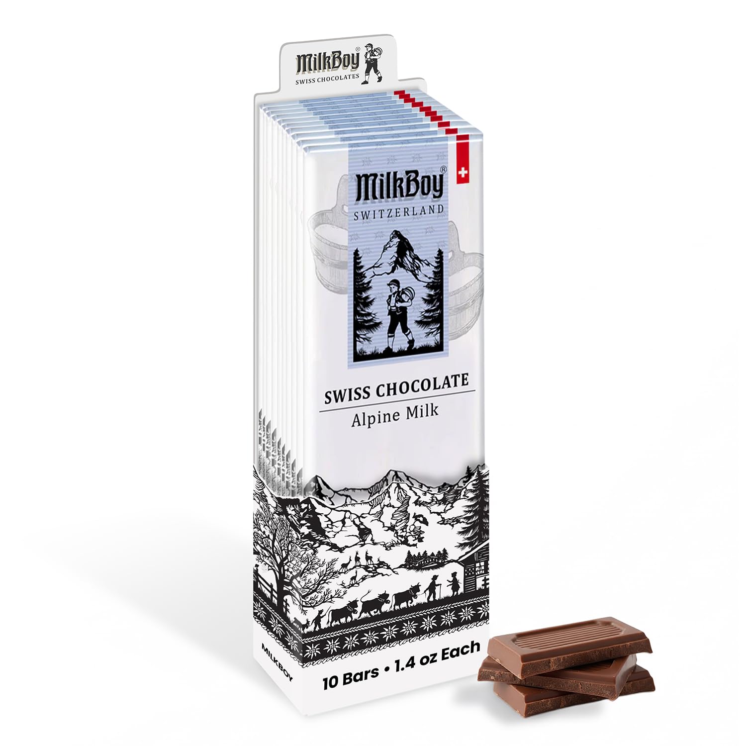 Premium Swiss Alpine Milk Chocolate Extra Creamy Milk Chocolate Snack Bar Size 1.4 oz - GMO Free (10 Pack)