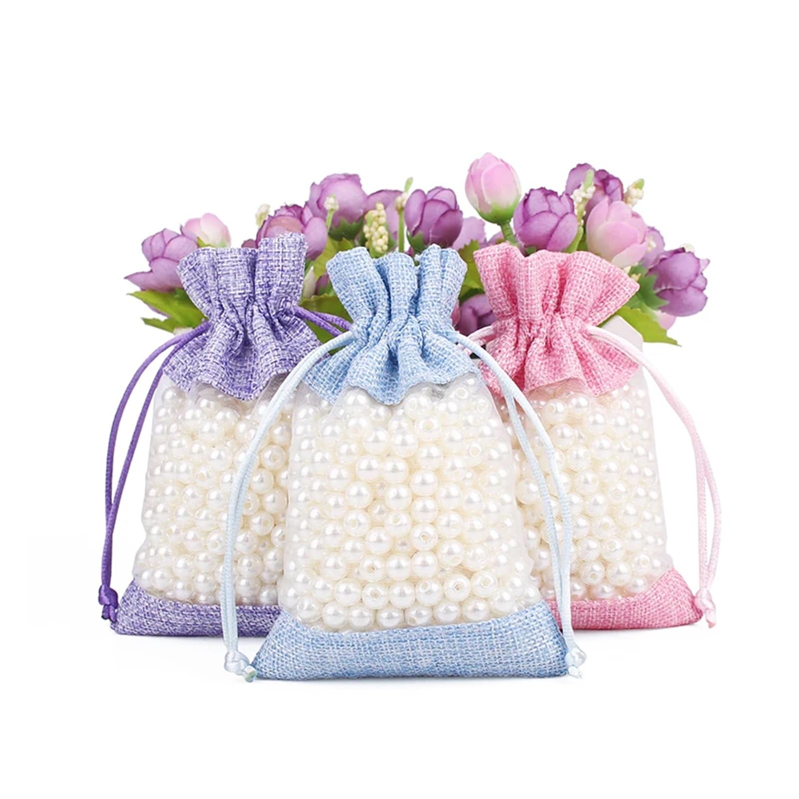WENH 50 szt. Lniana torba Organza saszetka ze szwem sznurek do pakowania biżuterii woreczki na prezenty weselne(Multi,15X20CM_OTHER)