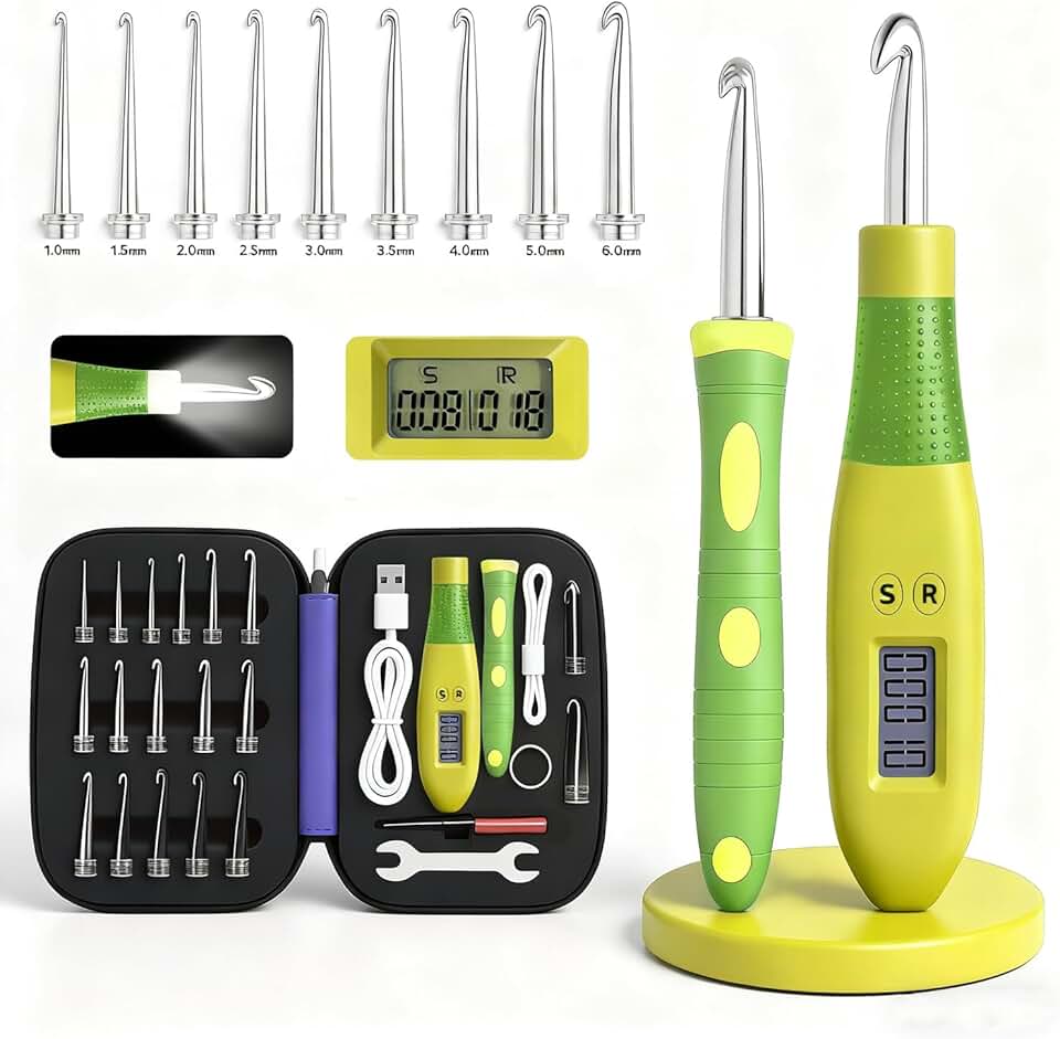 Kit de Agulhas de Crochê Iluminadas com Contador Digital de Pontos – Agulhas Ergonômicas LED Recarregáveis USB 18-em-1 Intercambiáveis, Ideal para Iniciantes e Presente Criativo