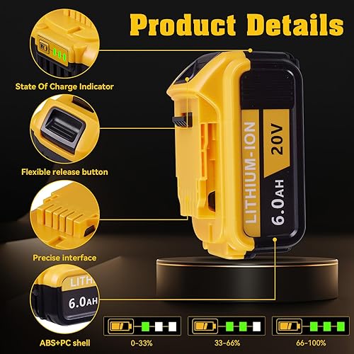 Miniatura 2 de Paquete de 2 baterías de repuesto de 6.0Ah 20V Max para Dewalt DCB208 DCB207 DCB206 DCB204 DCB203 DCB201 DCB200 DCB180 compatible con herramientas