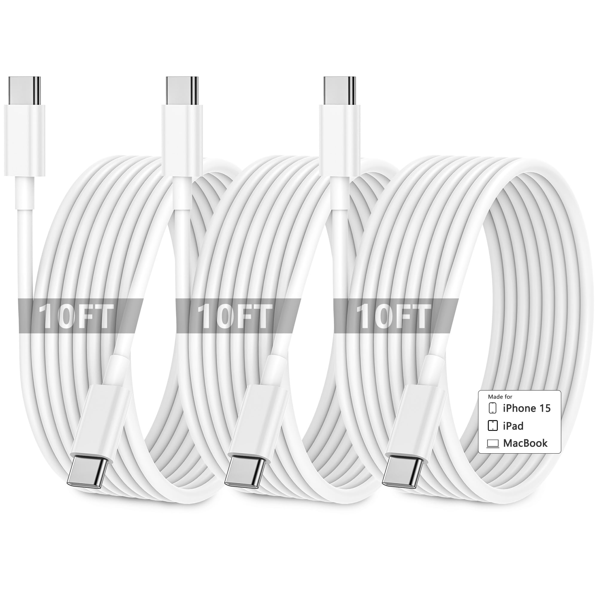 USB C to USB C Cable 10FT 3Pack,for iPhone 15 16 Charger Cord, Long Fast Phone Charging Cable for iPhone 16/15/15 Pro/15 Pro Max/15 Plus,for iPad Pro/5/4/Mini 6, for MacBook Air (White)