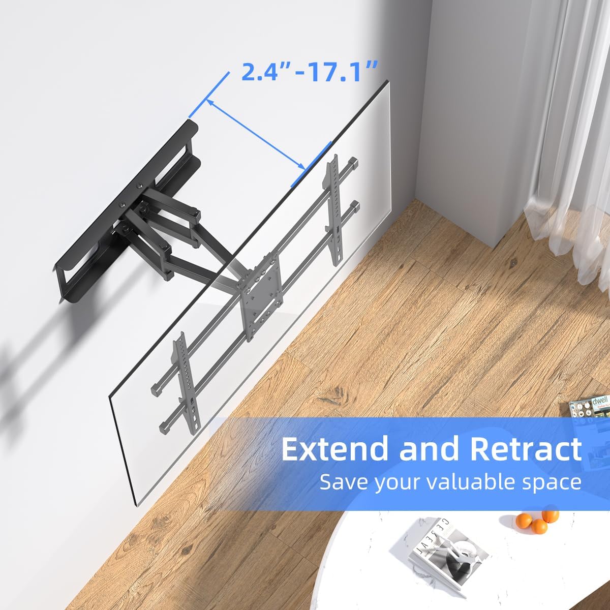 TV mount extending and retracting from 2.4 to 17.1 inches from the wall.