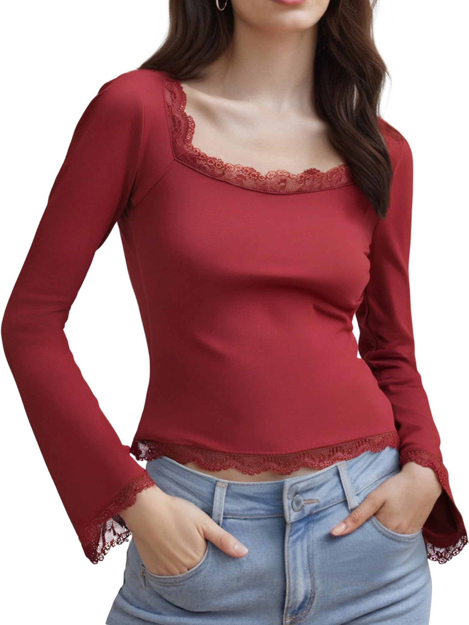 Lxootd Long Sleeve Shirts for Women Lace Trim Y2k Crop Top Casual Square Neck Blouses 2025 Trendy Fall Tops (A-Red, XL)