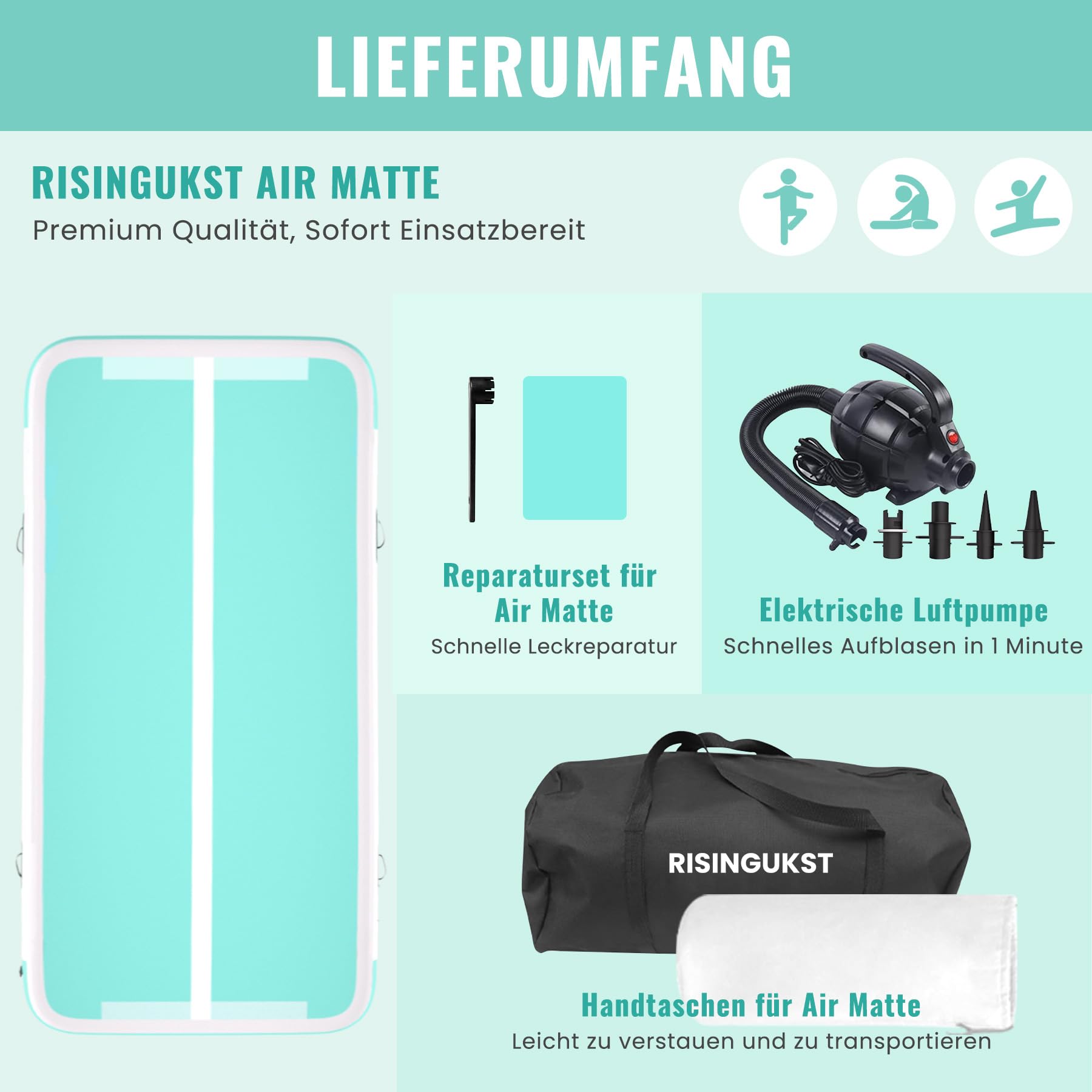 RISINGUKST Air Track Ginnastica Artistica 10/20cm Spessore, 2/3/4/5/6m materassino palestra con Pompa Elettrica per Casa, Air Roller