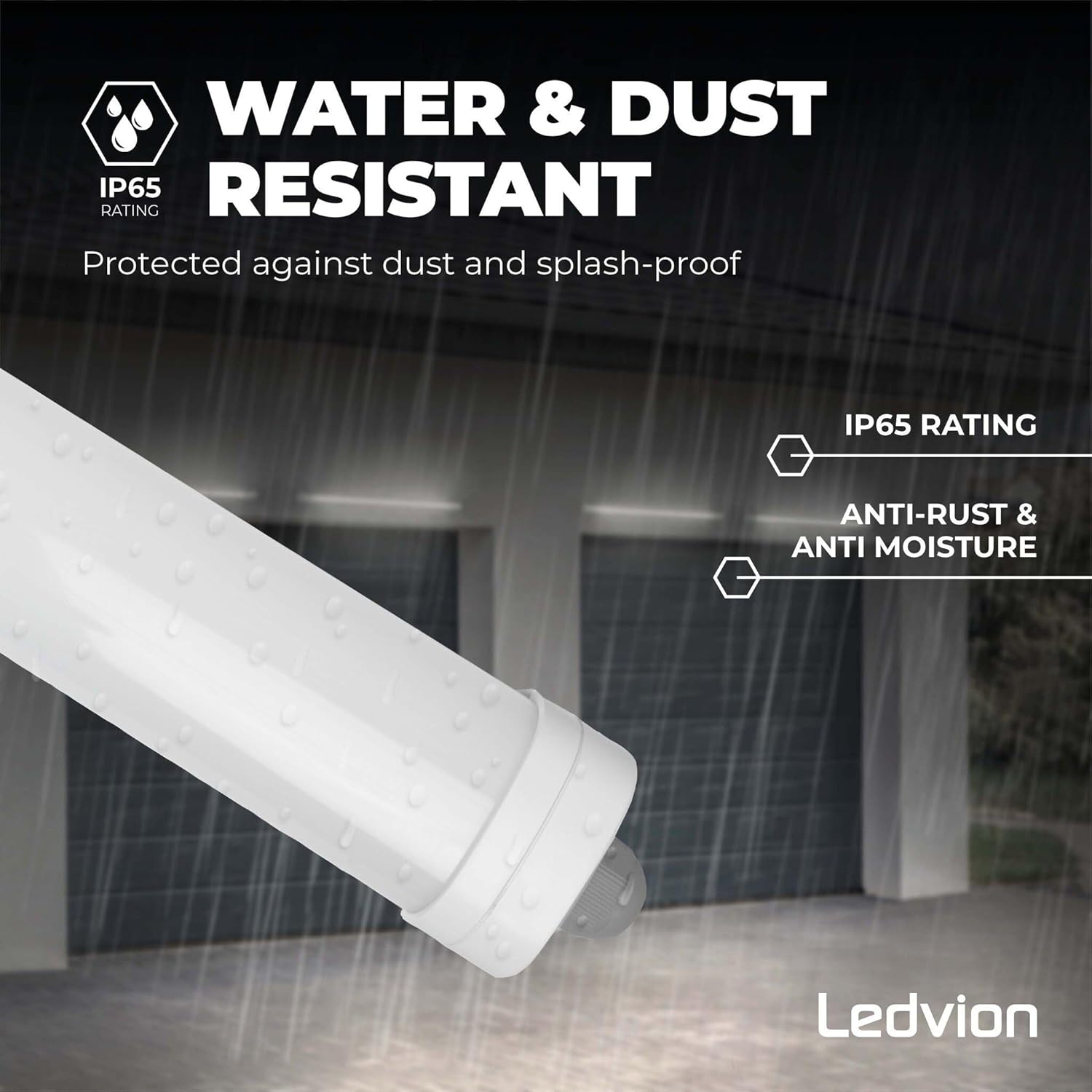 Graphic indicating the Ledvion luminaire is water and dust resistant with an IP65 rating, anti-rust, and anti-moisture properties.