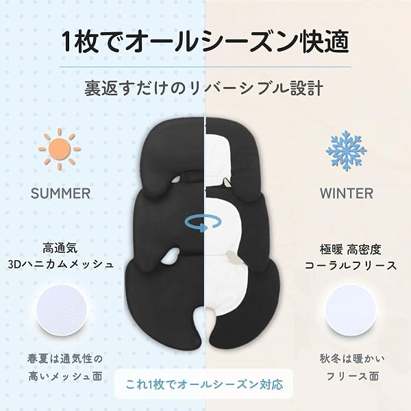 ベビーカークッション ベビーカーシート チャイルドシートクッション リバーシブル フリース×メッシュ 洗濯機で丸洗いOK オールシーズン 新生児から 3dメッシュ 防寒 (グレー, プレミアム（衝撃吸収25%UP）) - 3