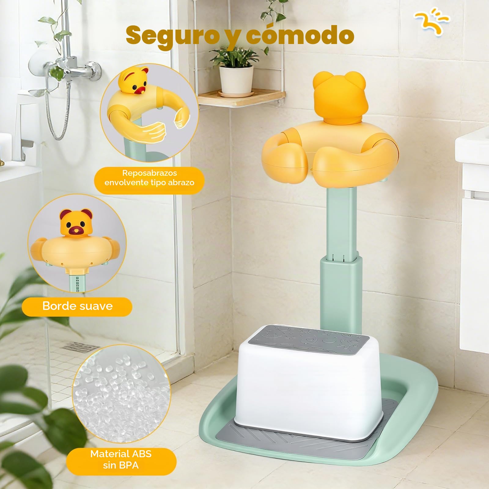 Soporte Ducha Bebé con Asiento, Ajustable y Antideslizante 6-36 Meses | ABS sin BPA, altura 47-62 cm, reposabrazos 17-27 cm, soporte para ducha, asiento y base antideslizante para baño y cuidado