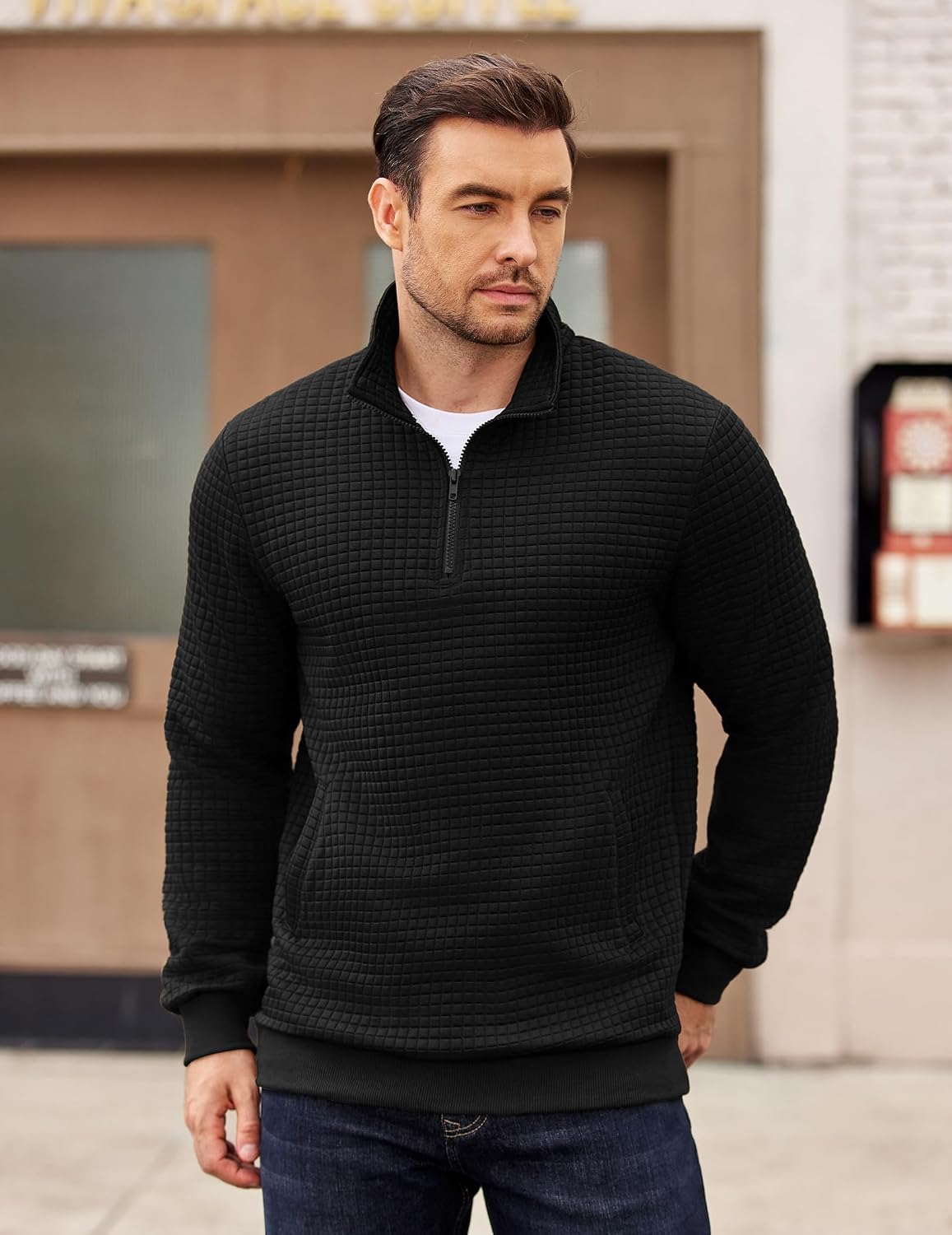COOFANDY Mens Quarter Zip Pullover Long Sleeve Waffle Quilted Sweatshirt Casual Polo Sweaters with Pocket