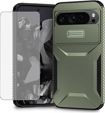 Case for Pixel 9 Pro XL Case, Google 9 Pro XL Case with Tempered Glass Screen Protector and Slide Camera Cover, Non-Slip Heavy Duty Shockproof Phone Cover for Google Pixel 9 Pro XL Green