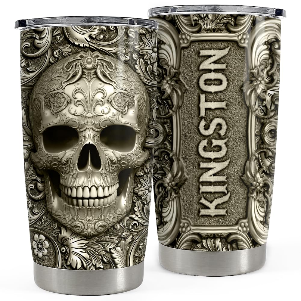 SANDJEST Personalized Skull Tumbler Stainless Steel Tumblers 20oz 30oz Coffee Travel Mug Cup Gift for Men Birthday