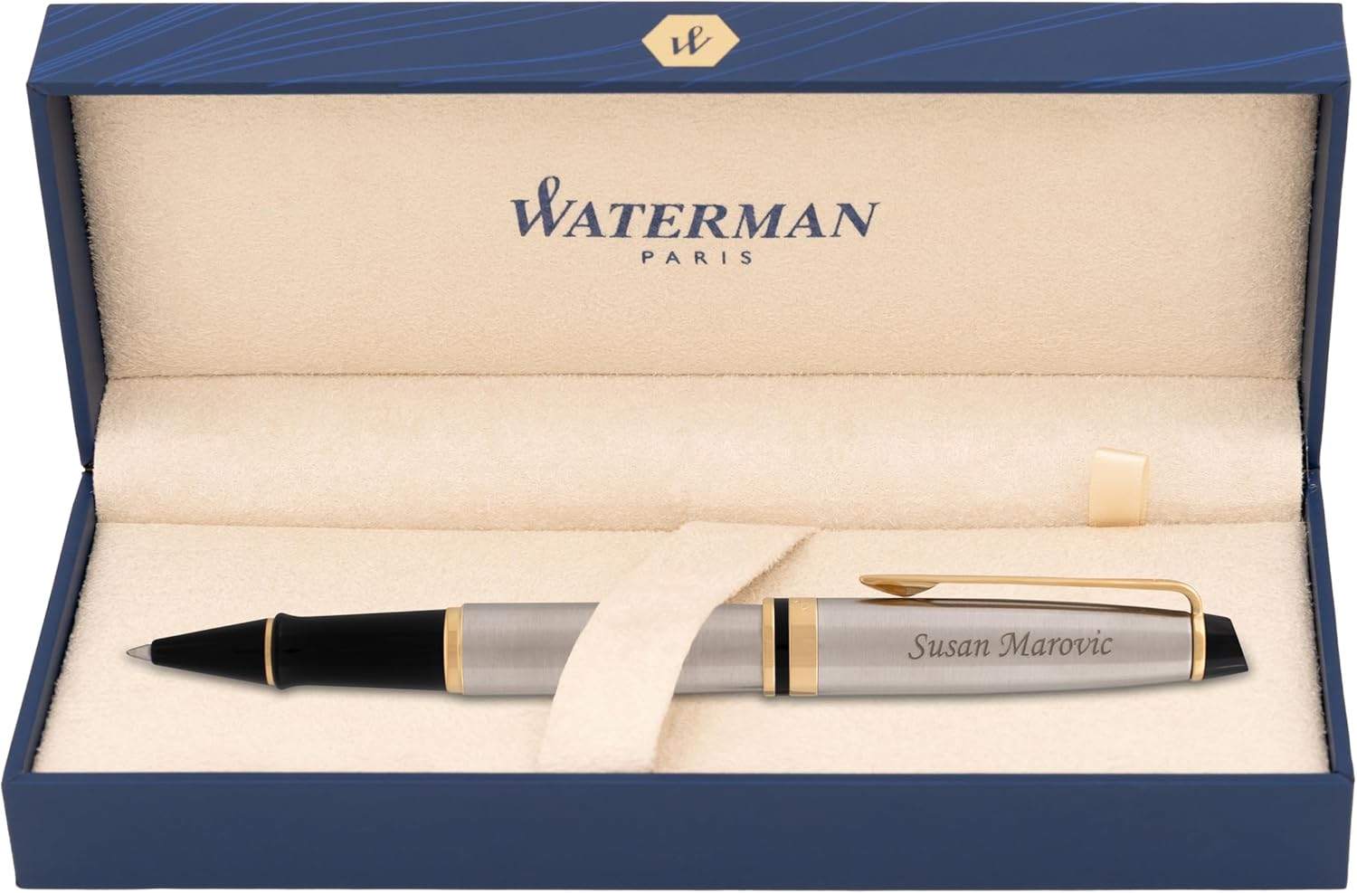 Engraved Waterman Expert Capped Rollerball Pen in Stainless with Gold Trim. Personalized Luxury Gift for Graduation or Professional Milestones.