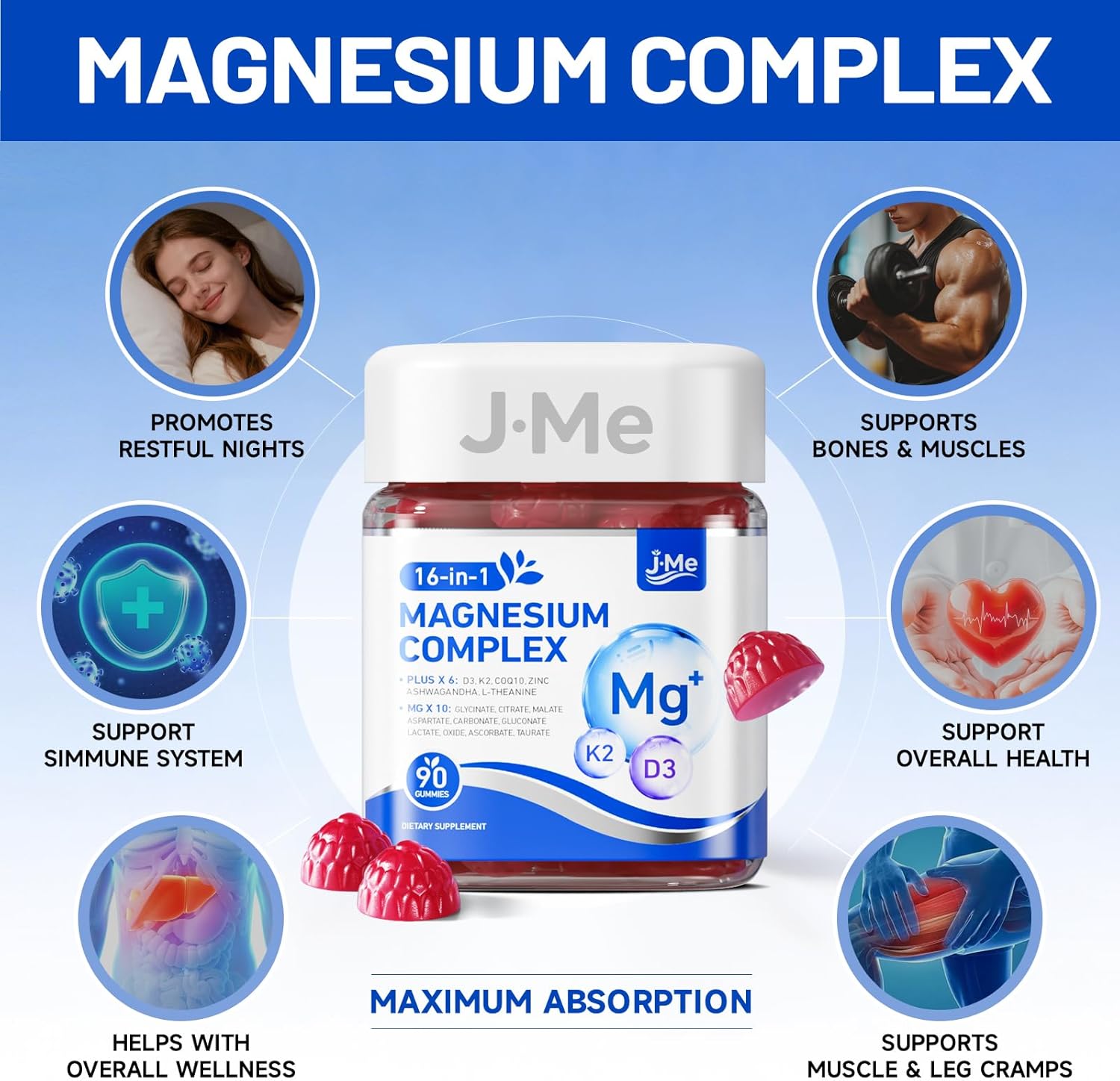 JME Sleep & Restore Magnesium Complex Gummies for Women & Men – 16-in-1: 10 Magnesium Complex (Glycinate, Citrate, Malate, L-theanine...) + D3, K2, CoQ10, Zinc,Ashwagandha – Vegan – 90 Gummies
