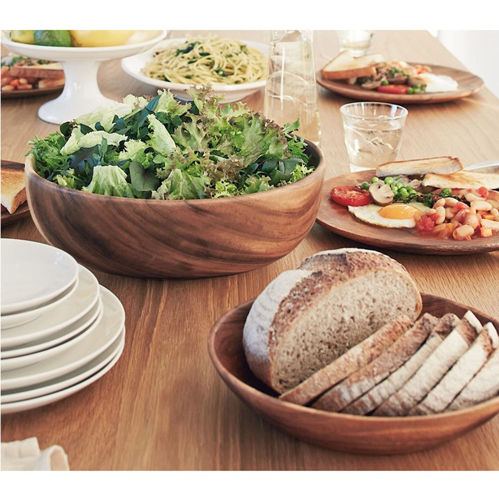 Ensaladera De Madera De Acacia, Cuenco Artesanal Hecho A Mano, Tazón Grande Para Mezclar, Frutero De Madera Para Servir Ensalada, Fruta, Palomitas De Maíz, Salsas, Condimentos, Bocadillos,24cm/9.4in