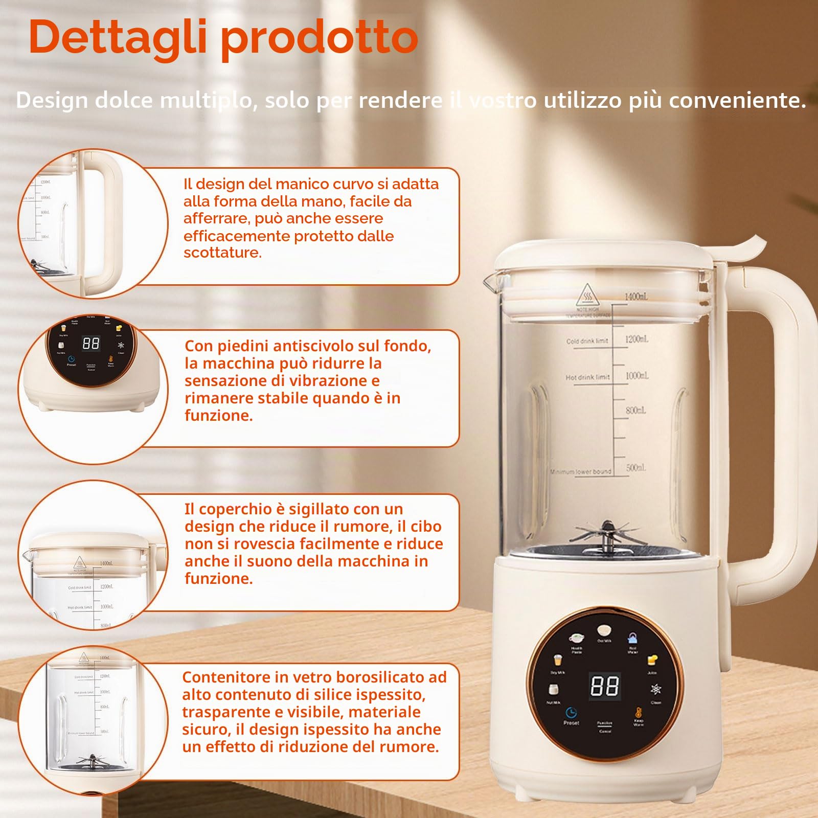 Macchina per latte di soia automatica 8 in 1, 1400 ml, con 16 lame, copertura isolante acustica, latte vegetale fatto in casa, avena, mandorle, succo con avvio ritardato, autopulente