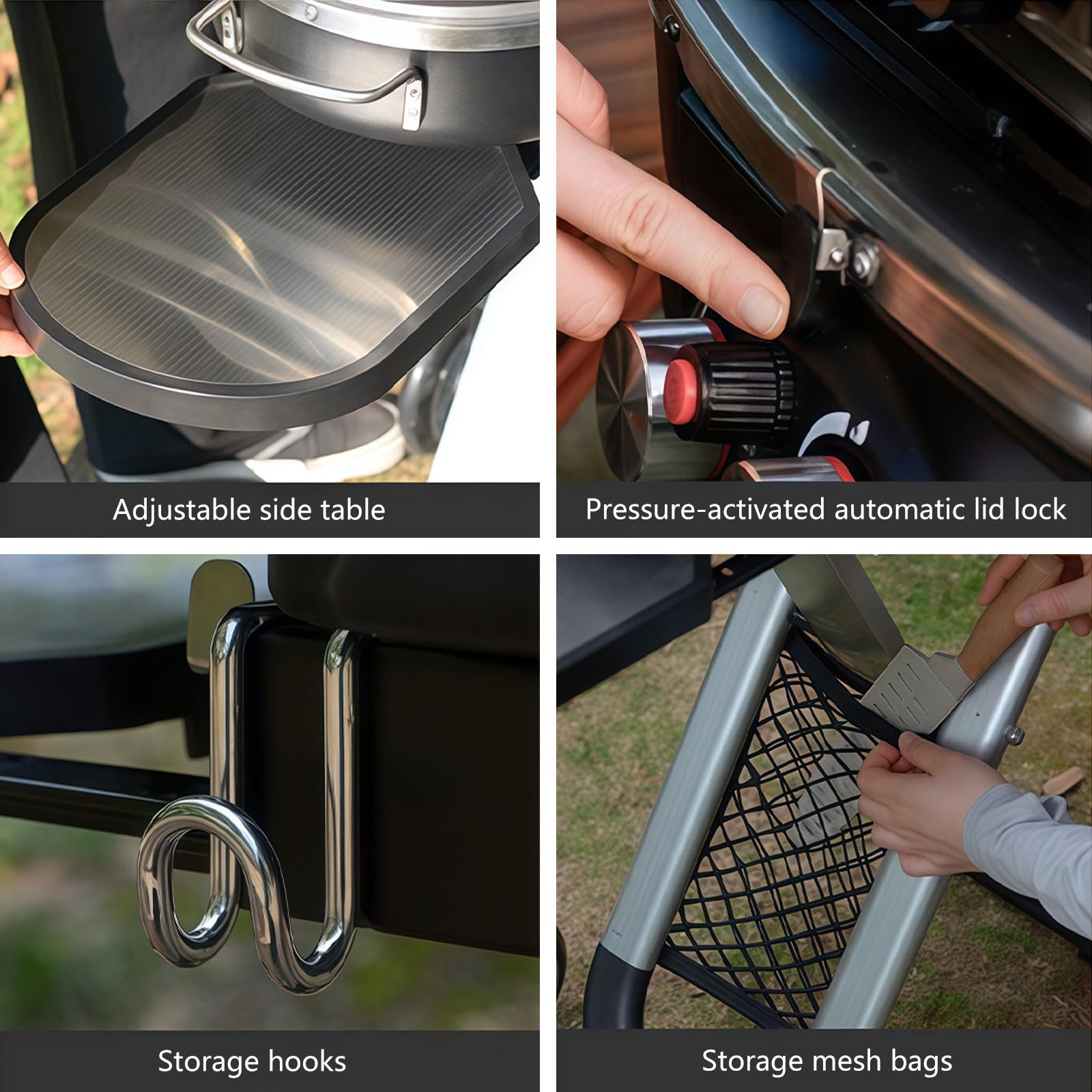 Griglia a gas portatile con doppio bruciatore, design pieghevole, termometro integrato, potenza 2,34 kW, griglie in ghisa per campeggio e cucina in giardino