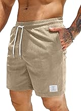 JMIERR Corduroy Men's Summer Leisure Linen Stretch Cotton Elastic Waist Shorts with Pockets