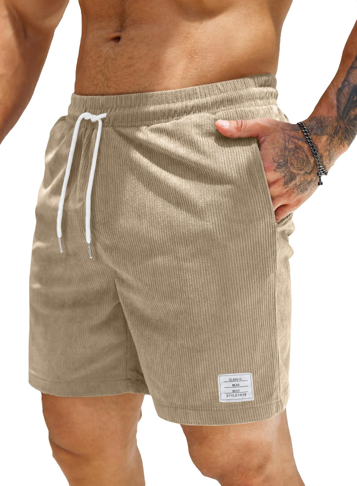 JMIERR Corduroy Shorts Herren Sommer Freizeit Leinen Stretch Baumwolle Elastische Taille mit Taschen