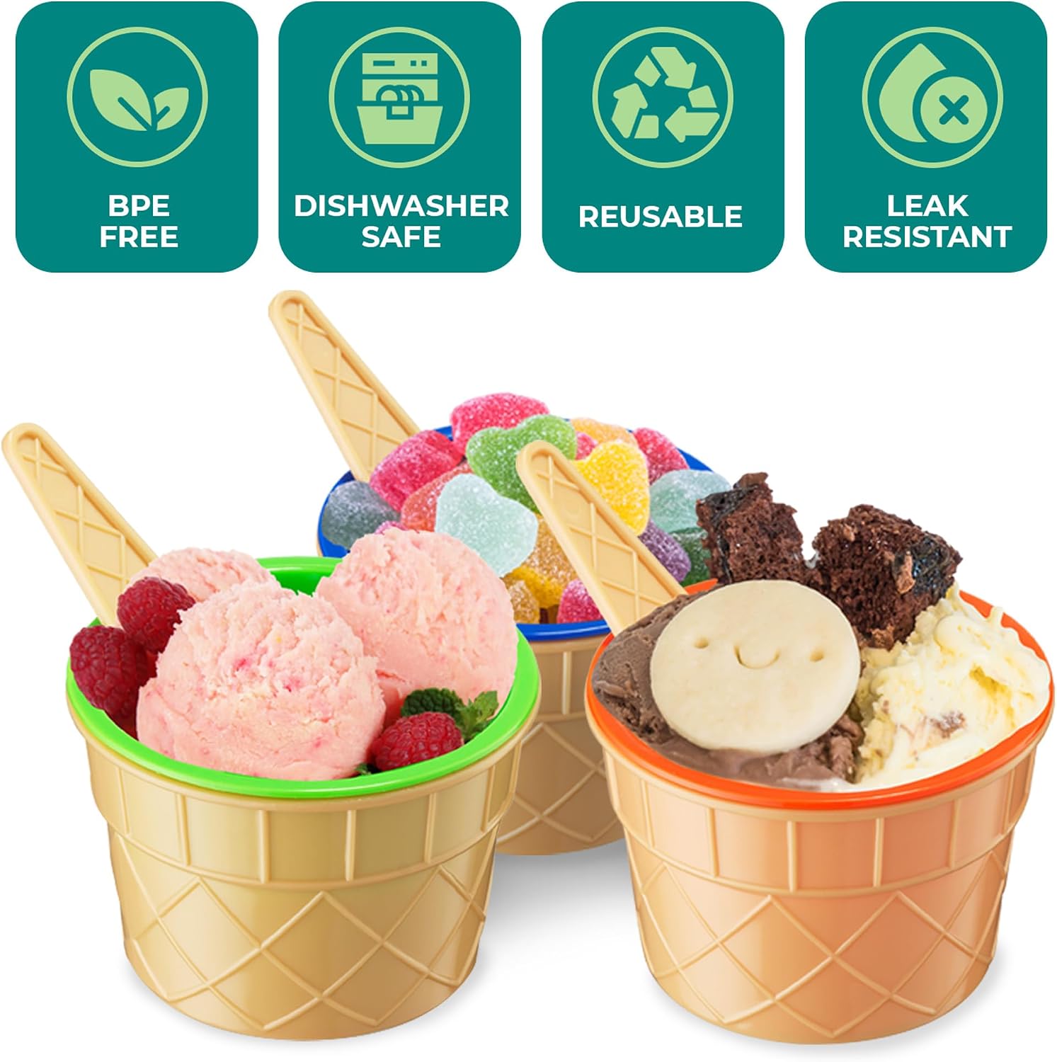 JoyServe Ice Cream Bowls and Spoons Set - (Pack of 12) Reusable Plastic Ice Cream Cups and Waffle Cone Shaped Spoons for Dessert, Frozen Yogurt, Gelato, Birthday Party Decorations