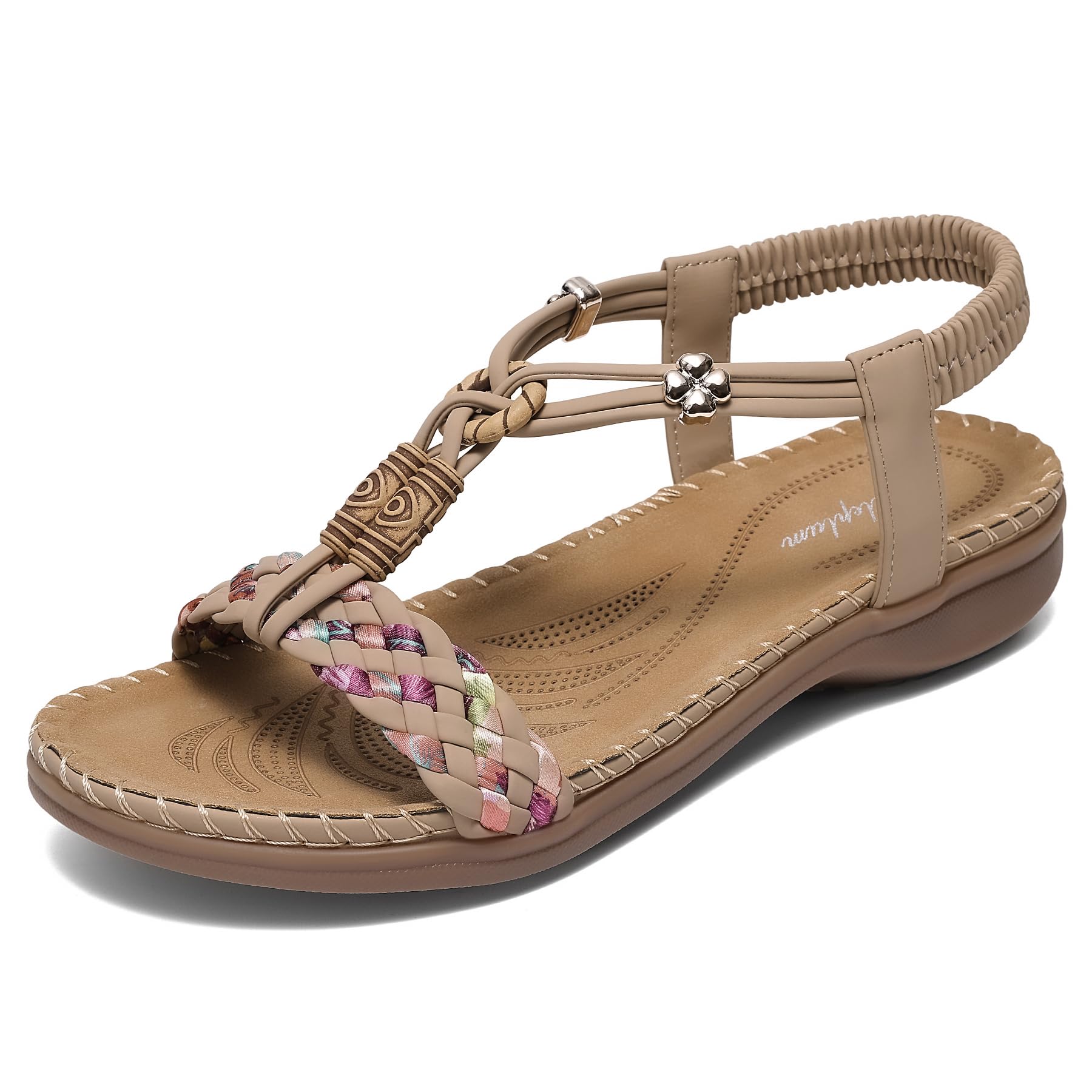 Littleplum Damen Sandalen Freizeit Flach Sandalette Handarbeit mit Strass Perlen Bohemia Strand Schuhe