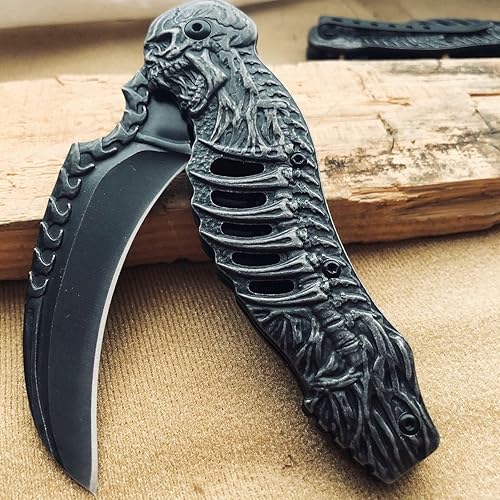 Miniatura 8 de HOLYEDGE Cuchillos plegables de bolsillo de hoja de calavera de 8.4 pulgadas lavados a la piedra con clip de bolsillo, bloqueo de forro y apertura