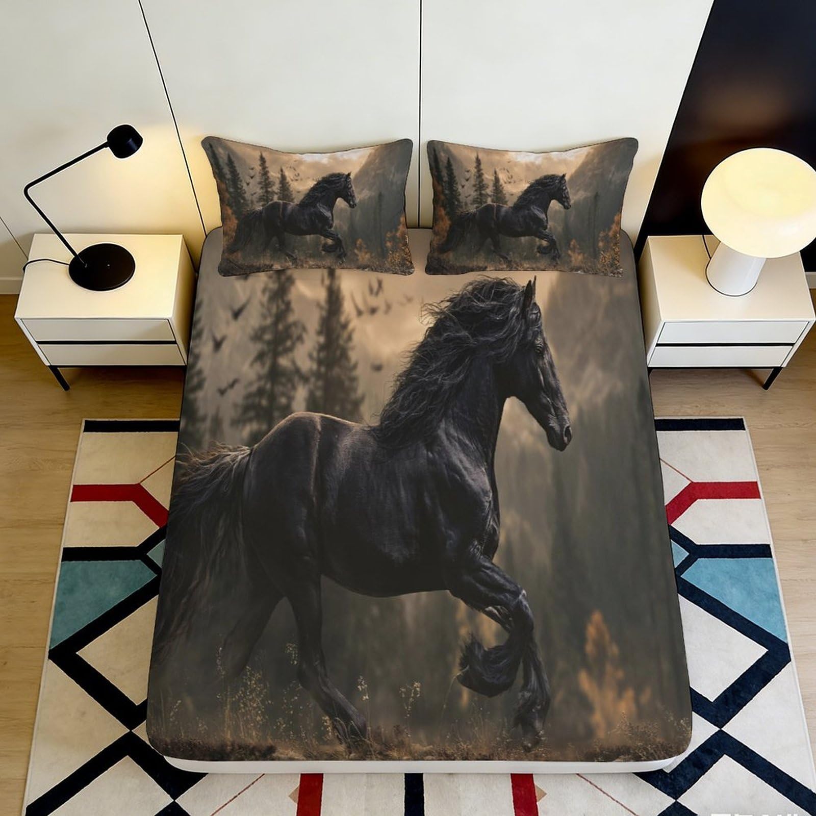 3D Printed Black Horse Fitted Sheet Microfiber Durable Breathable Forest Landscape Bed Cover for Bedroom Dormitory Guest Room Mattress Protection 200x200x25cm