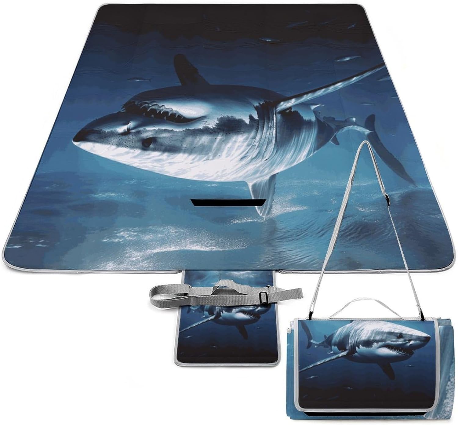 Great White Shark Beach Blanket Thickened Foldable Camping Mats Soft Lightweight Beach Pad Square Picnic Blankets with Shoulder Strap for Park Grass Patio Hiking