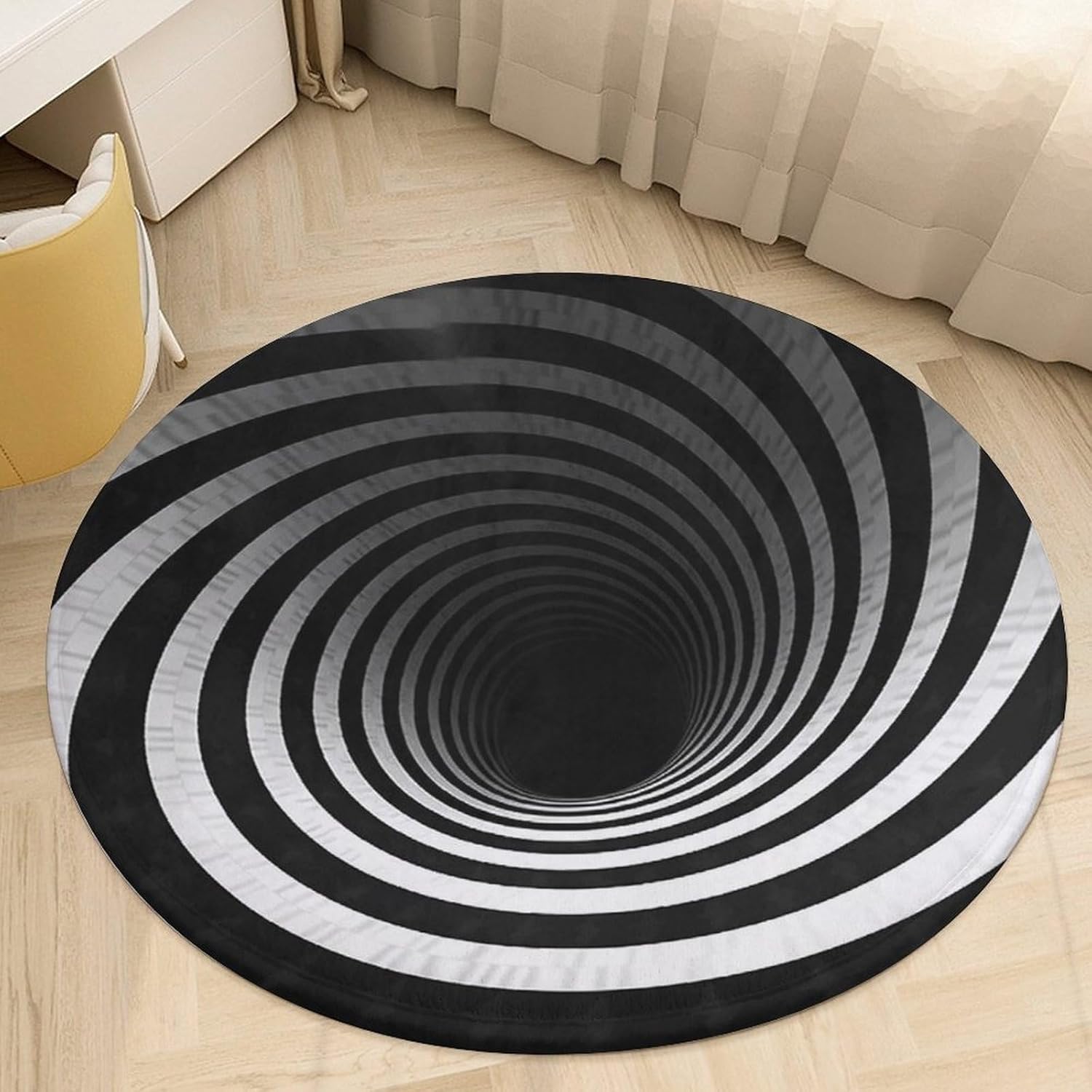 Black and White Spiral Tunnel Round Entryway Rug, 90 * 90cm Circle Easy Coral Velvet Rugs, Washable Indoor Outdoor Rug, Farmhouse Front Back Door Mat, Non Slip Absorbent Carpet for Bedroom Kitchen