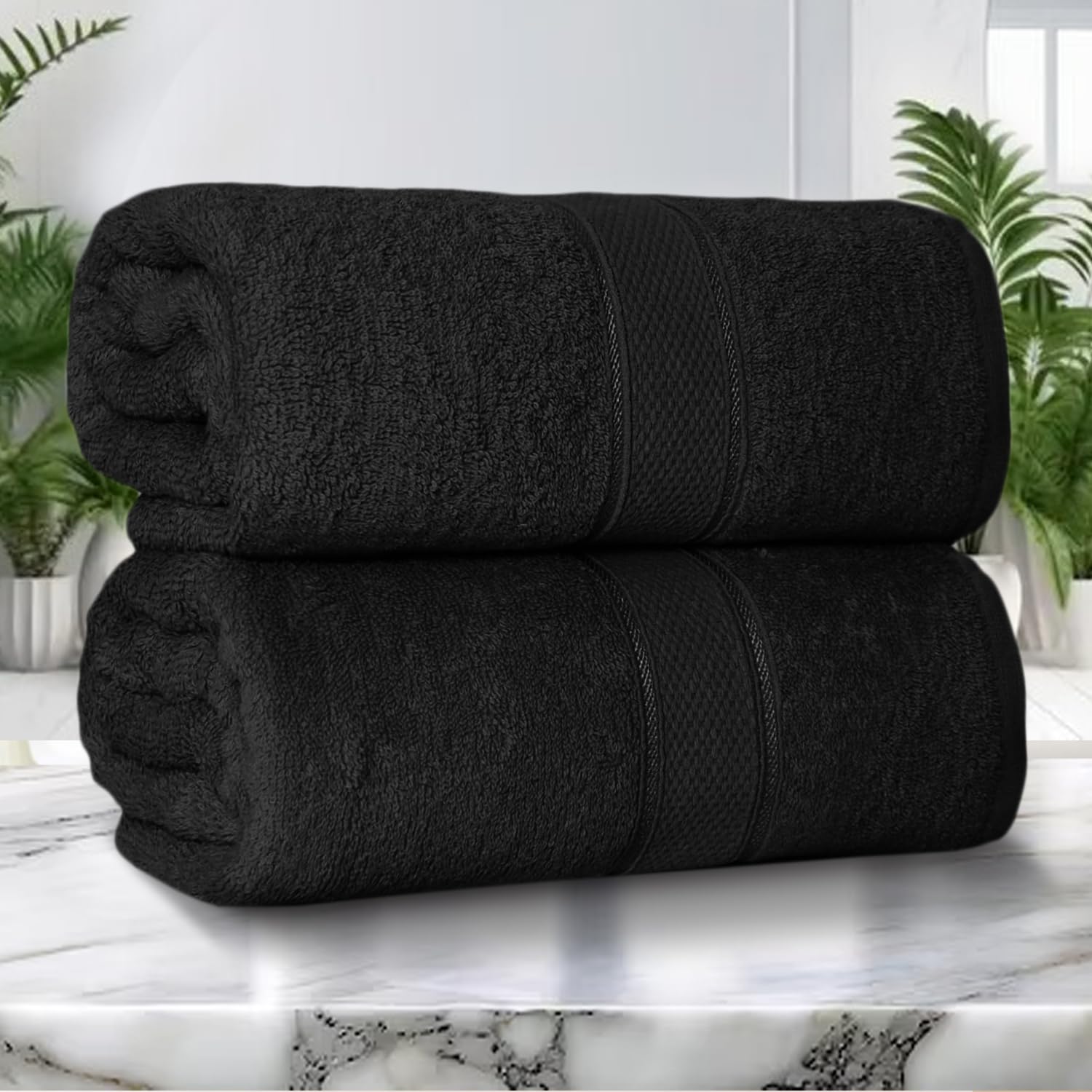 ZZZMRH 2 Pack Premium Jumbo Bath Sheets (90 x 180 cm) - 100% Egyptian Cotton Soft Absorbent Quick Dry Extra Large Bath Sheet – Super Soft Hotel Quality Towels, Black