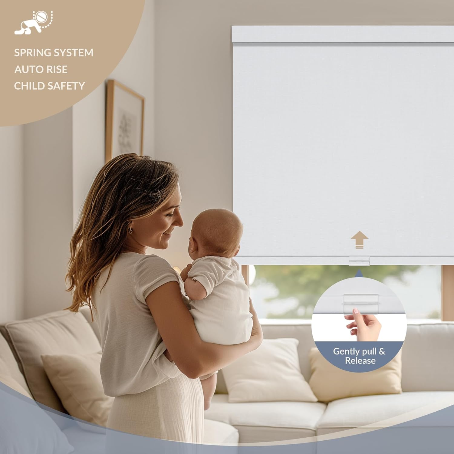 A woman holding a baby, with a Boolegon cordless roller shade in the background, highlighting the child safety feature.