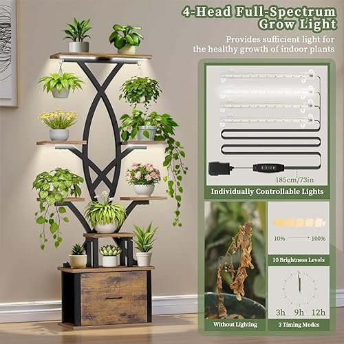 Miniatura 4 de Soporte para plantas de interior con luces de crecimiento, estante para plantas de 8 niveles con cajón de almacenamiento, estante para plantas de 65