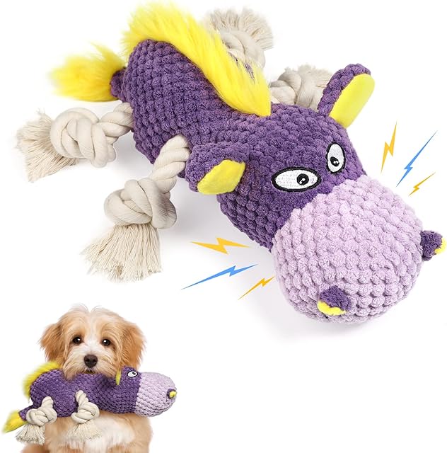 Pawaboo Plush Dog Toys, Durable Dog Chew Toys with Squeaky & Cotton Rope for Teeth Cleaning and Training, Interactive Hippo Shaped Dog Toy, Soft Stuffed Chew Pet Toy for Puppy Small Medium Dog, Purple