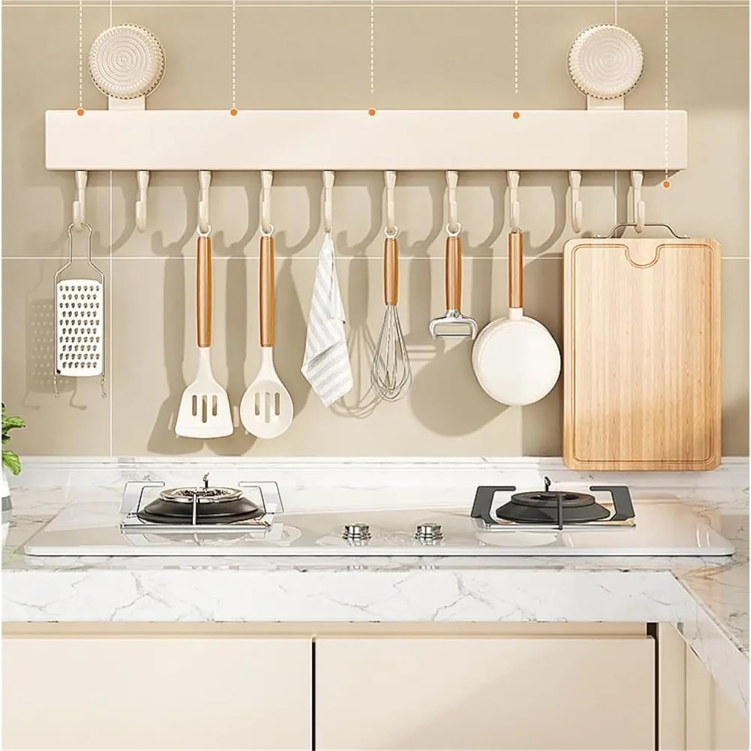 Household Wall-Mounted Suction Cup Hooks with Movable Hooks; Detachable Kitchen Dish Rack.(Beige,8hooks)