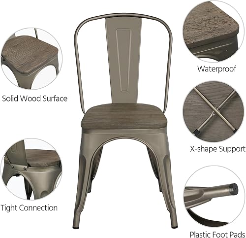 Miniatura 6 de Yaheetech Sillas de comedor de metal con asiento de maderasillas laterales apilables en la parte superior, sillas de cocina con respaldo para