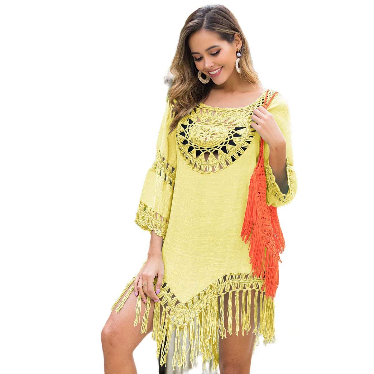 Bettergoods Faldas de Playa holgadas para Mujeres, Fundas de Bikini holgadas, Trajes de baño, Tops de Playa de Estilo vacacional con Flecos Sueltos y Paneles Redondos Grandes(Yellow)