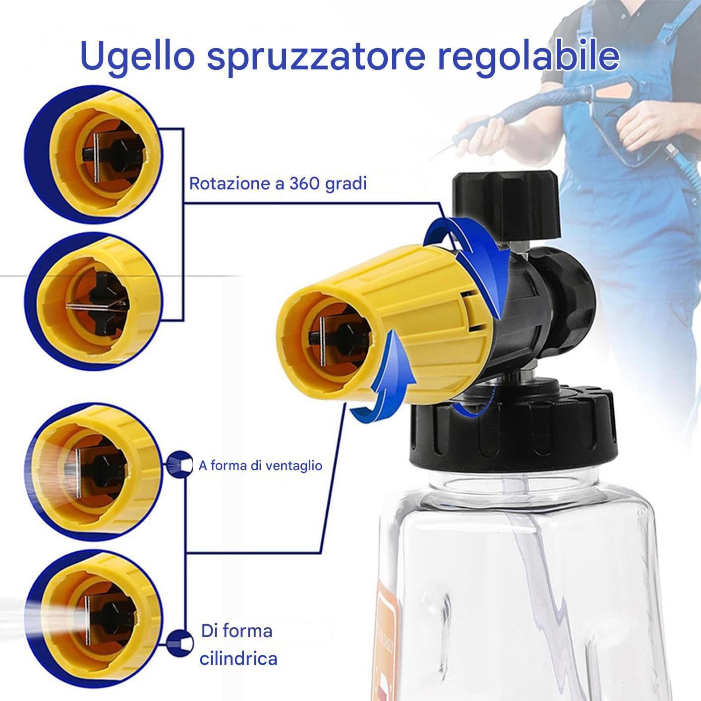 Schiumogena Per Idropulitrice,Schiumogena per Idropulitrici - con 5 Ugelli Dispenser Sapone Ergonomico 1L per Pulizia Auto Giardino Terrazza Fattoria