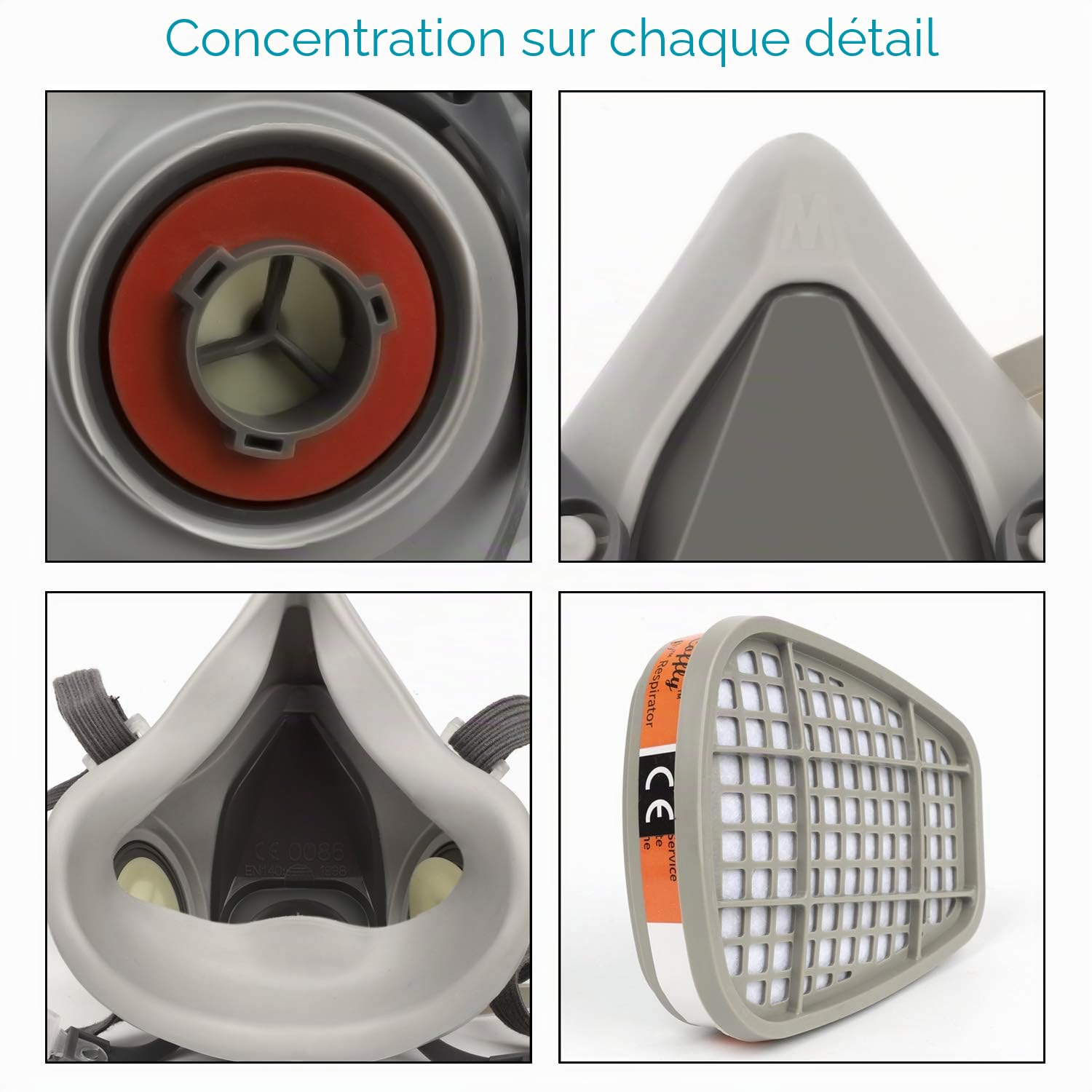 107 Housse demi-face ultra douce avec filtres anti-poussière réutilisables anti-gaz, vapeurs et particules pour peinture par pulvérisation, ponçage, poussière