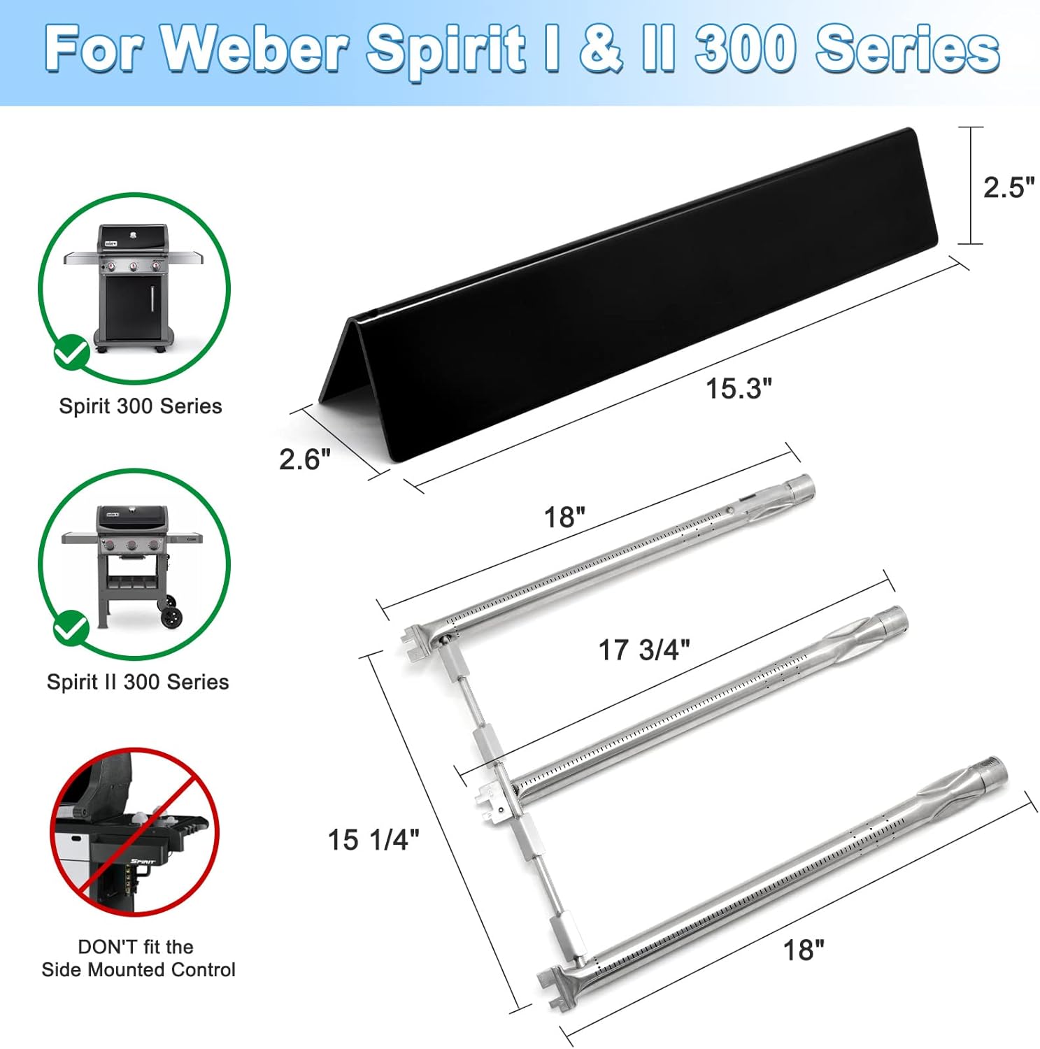 Adviace 7636 15.3" Flavorizer Bars and 69787 18'' Grill Burner for Weber Spirit 300 & Spirit II 300 Series with Front Control, Spirit E310 E320 S310 S320 for Weber Spirit Grill Replacement Parts.
