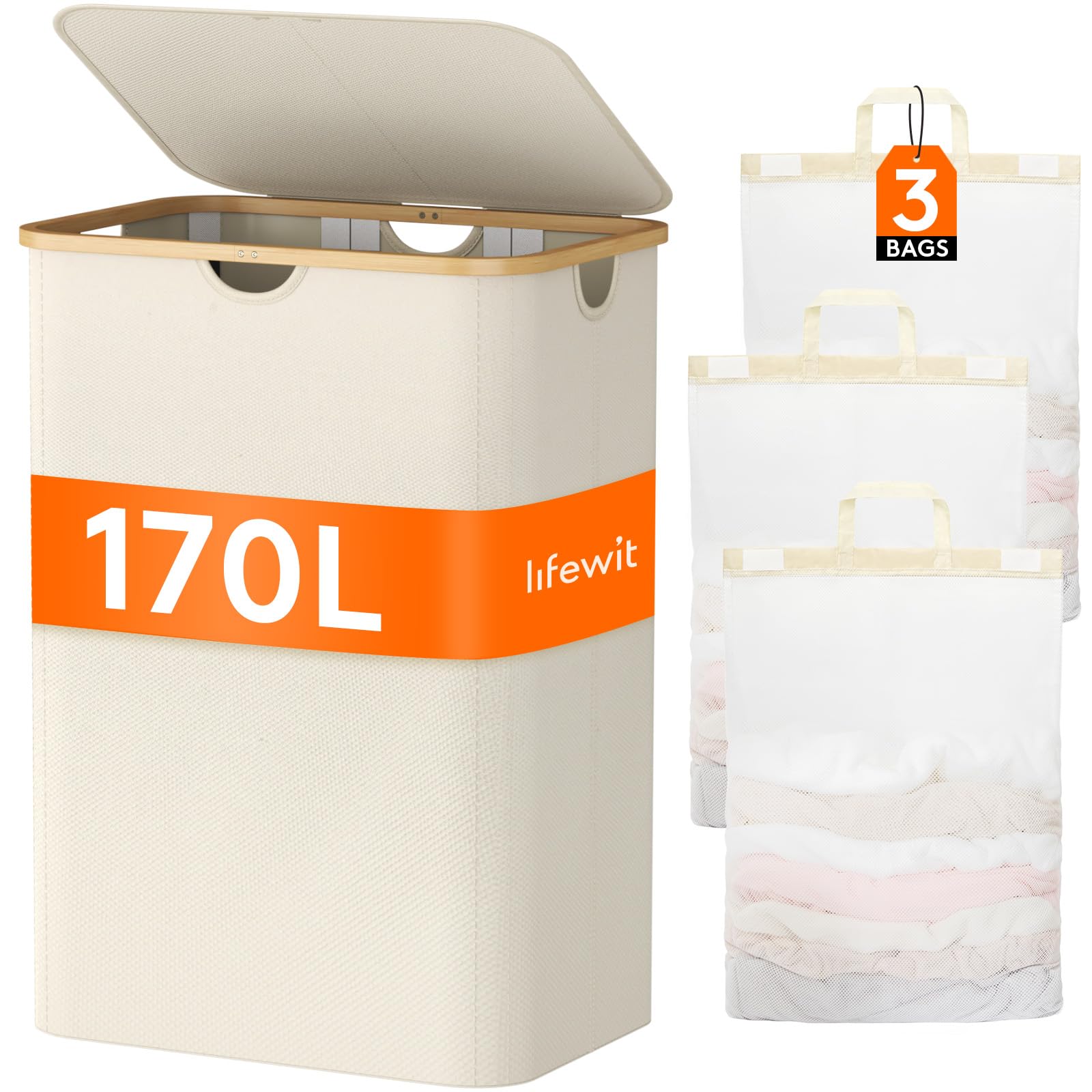 Lifewit 170L Cesto Portabiancheria con 3 Scomparti e 3 Sacchi, Grande Cesta Portabiancheria Pieghevole in Bambùcon Coperchio per Camera da Letto, Bagno, Lavanderia, Beige