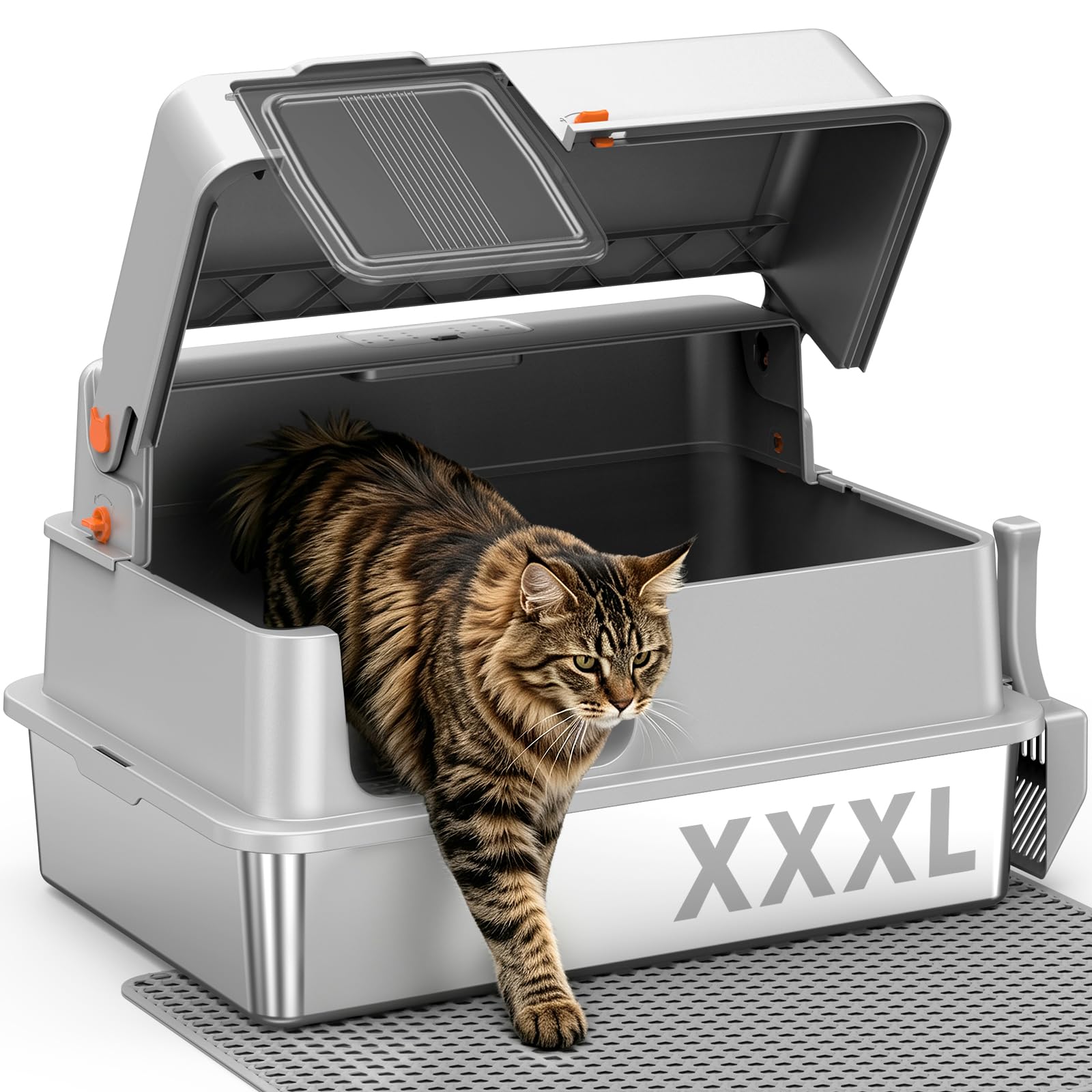 Bac à litière en INOX XXXL – Grand bac Ouvert pour Chat avec Bords Hauts et Panneaux Semi-Transparents, cuve Profonde Amovible pour Nettoyage Facile, antiadhésif, Anti-Fuite, Gris Clair