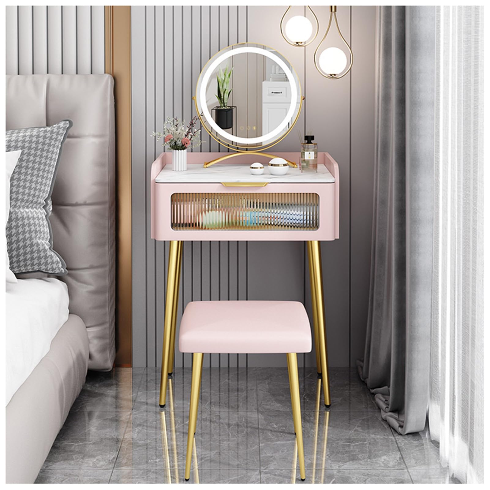 asdchZen 50/60Cm Blue Dressing Table Set With Touch Screen Mirror, 3 Lighting Modes, Drawer & Cushioned Stool-Stylish Vanity Desk For Bedroom, Perfect Makeup Station,Pink-60x40x78cm