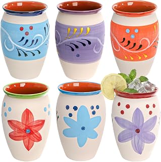 Covzoe 6 Pack 12oz Hand-Painted Mexican Cantaritos Clay Cups - Colorful Terracotta Mugs for Margaritas, Mojitos, Fiesta & Taco Tuesday