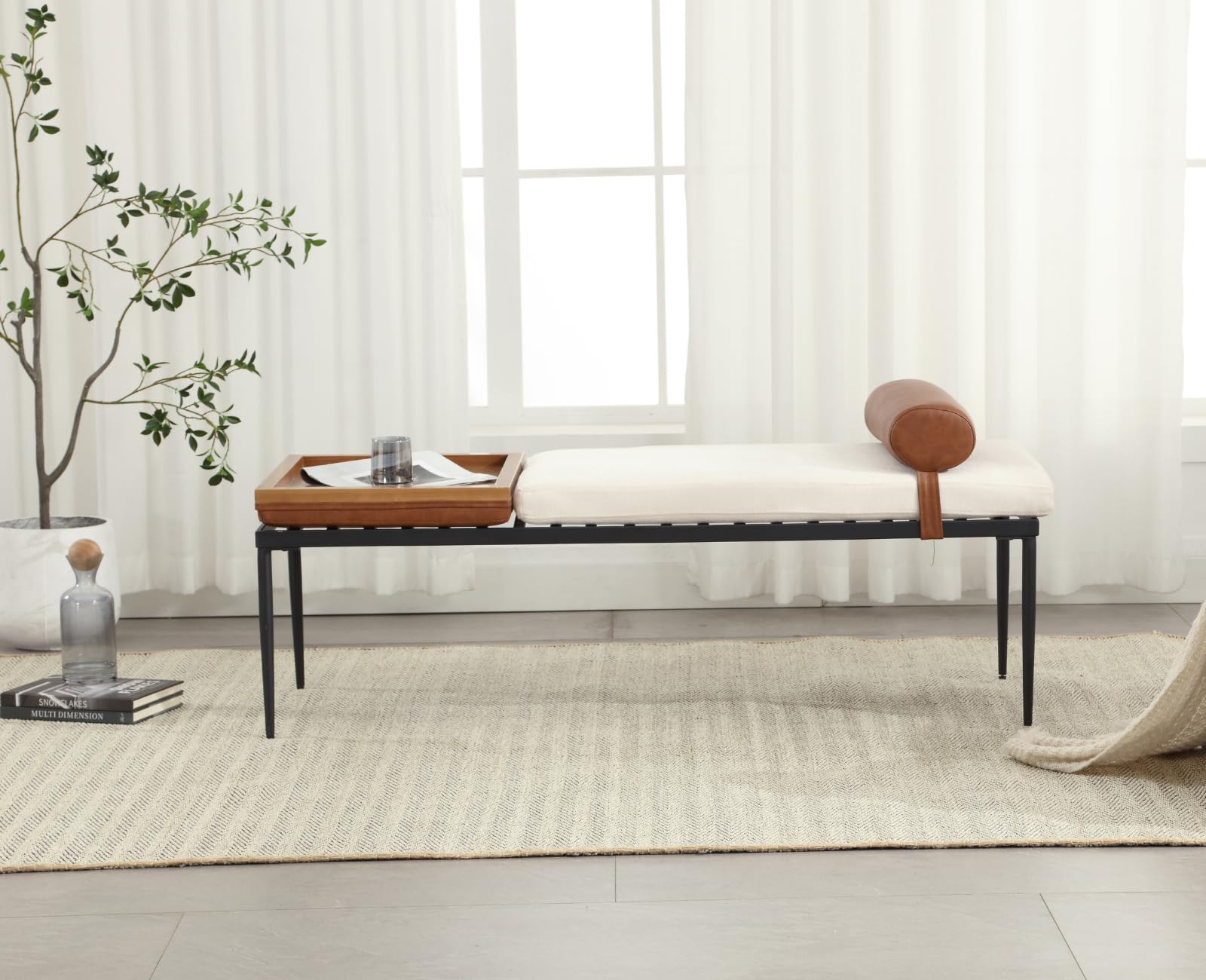 Ya-Home Panca Ingresso con Vassoio in Legno e Gambe in Metallo, Panca Camera da Letto in Pelle e Tessuto di Ciniglia 140x55x47 cm, Bianco